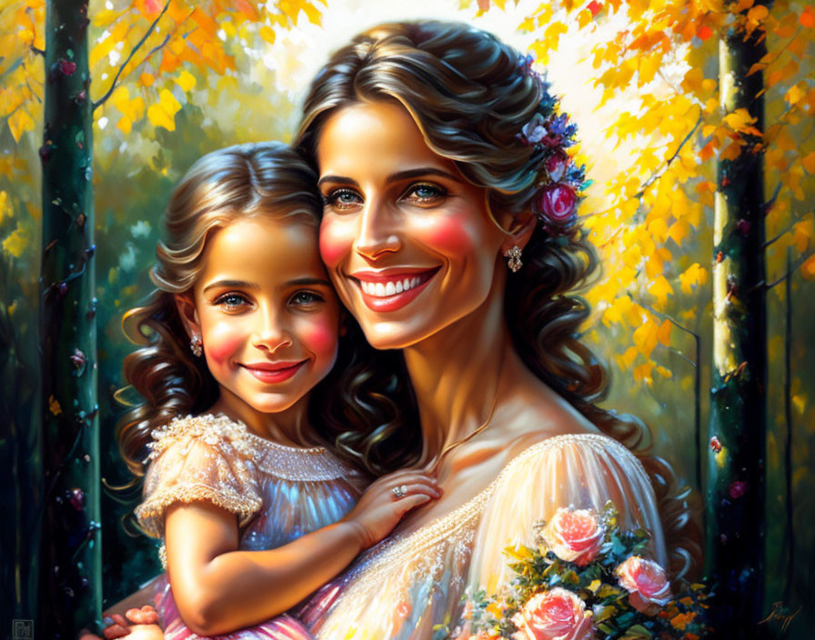 Smiling woman and girl embrace in autumn forest scene