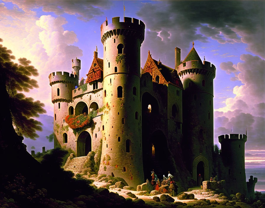 Medieval castle with cylindrical towers and pointed roofs against dramatic sky.