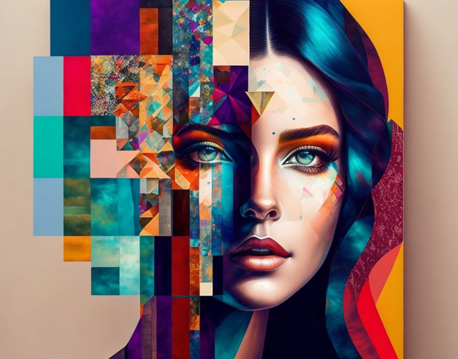 Vibrant digital portrait with abstract geometric design.