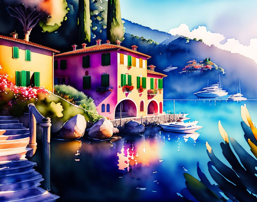 Colorful Watercolor Illustration of Mediterranean Coastal Twilight