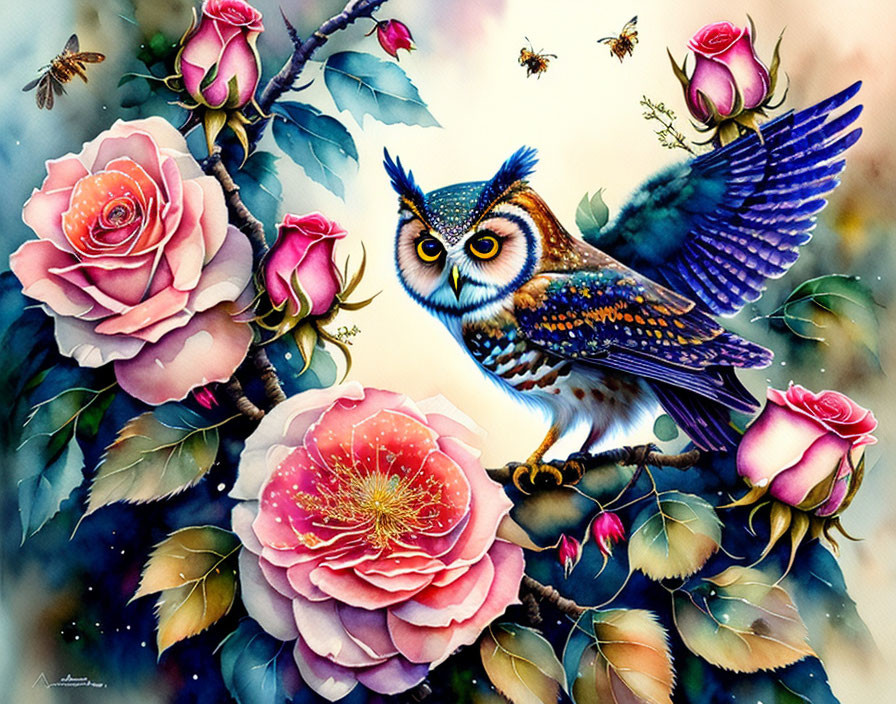 Colorful Owl Painting Among Pink Roses and Bees
