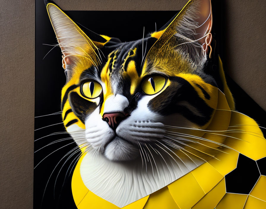 Vibrant yellow and black superhero cat digital artwork on dark background