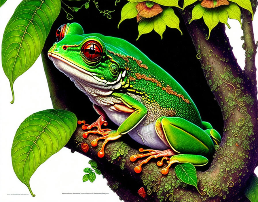 Colorful Red-Eyed Tree Frog Illustration on Branch