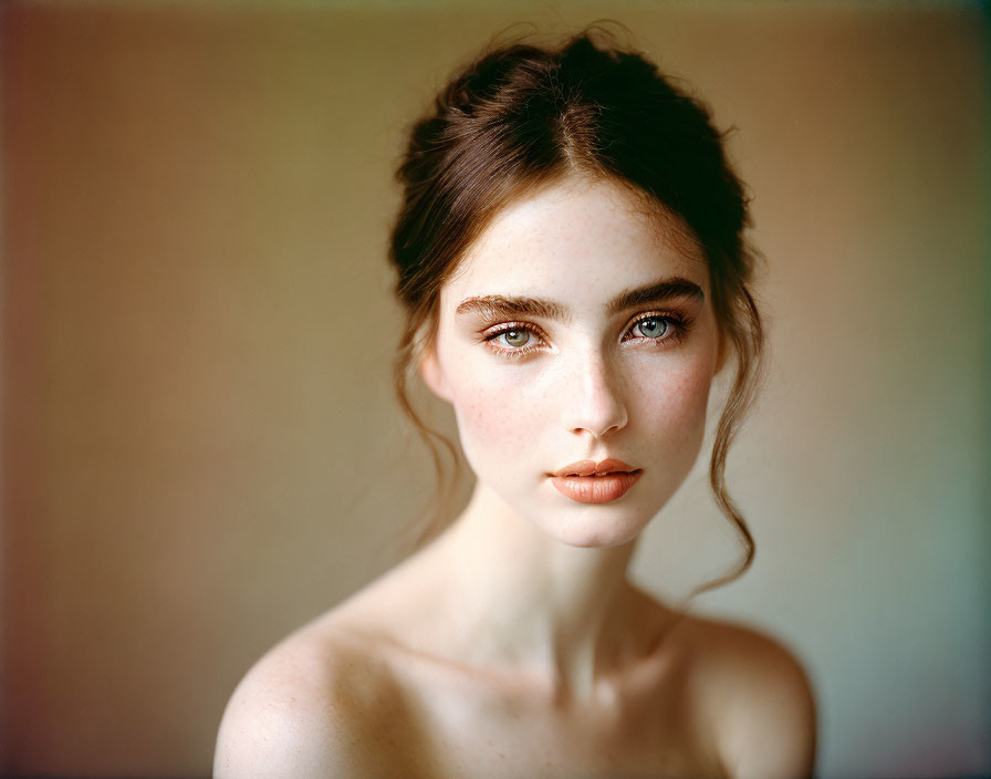 Portrait of young woman with clear skin, striking eyes, and dark hair styled up.