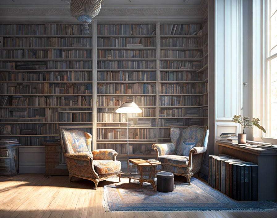 Cozy Reading Nook with Chairs, Lamp, Table, & Bookshelves