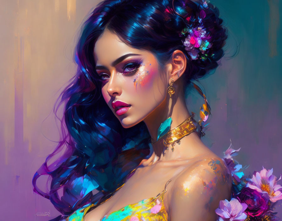 Digital artwork featuring woman with blue wavy hair and floral adornments