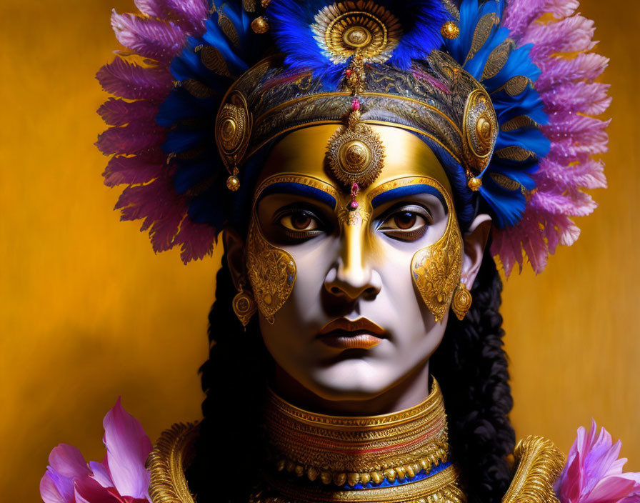 Intricate Hindu-inspired costume with blue headdress