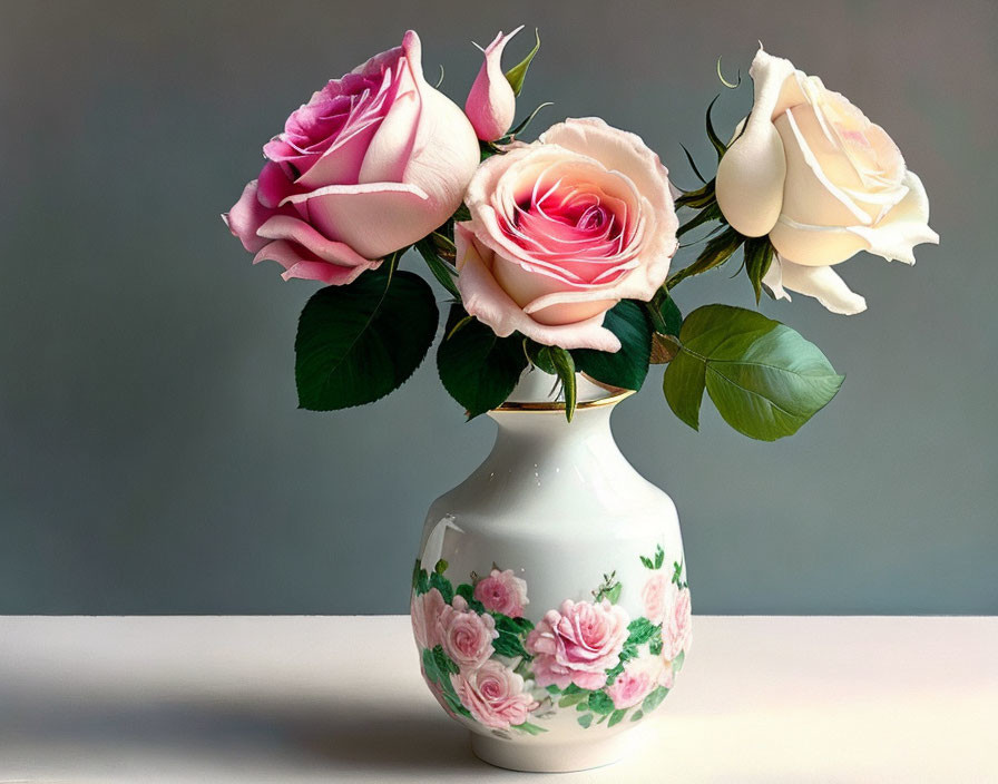 Pink and White Roses in Floral Vase on Neutral Surface