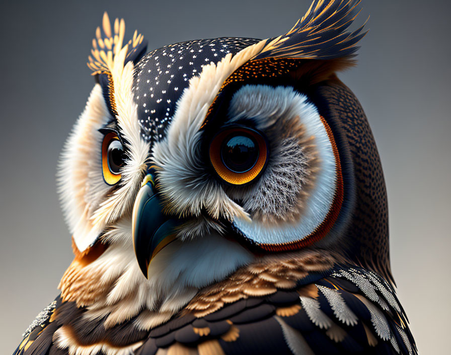 Detailed Stylized Owl Illustration with Orange Eyes & Feather Patterns