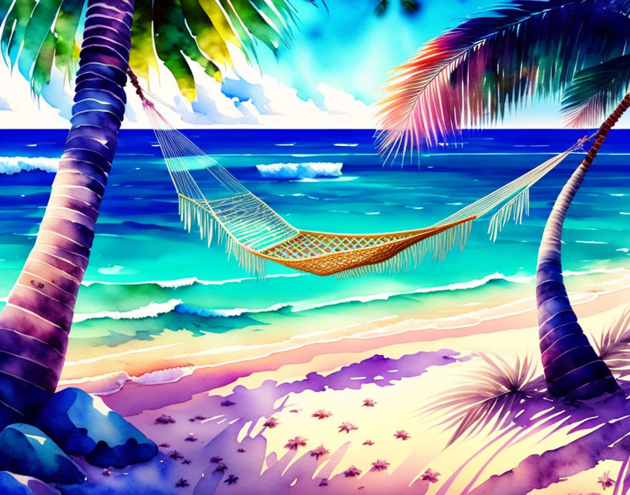 Tropical beach scene with hammock, palm trees, and turquoise sea