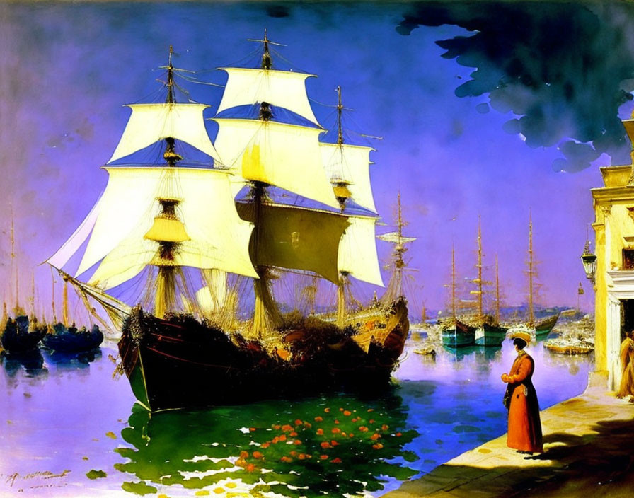 Vibrant harbor painting with sailing ship and woman in red dress