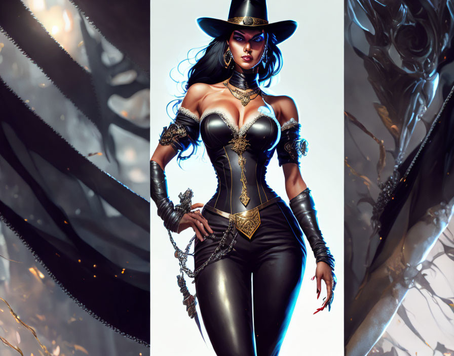 Fantasy female character in corset, gloves, and hat with golden details on dynamic background