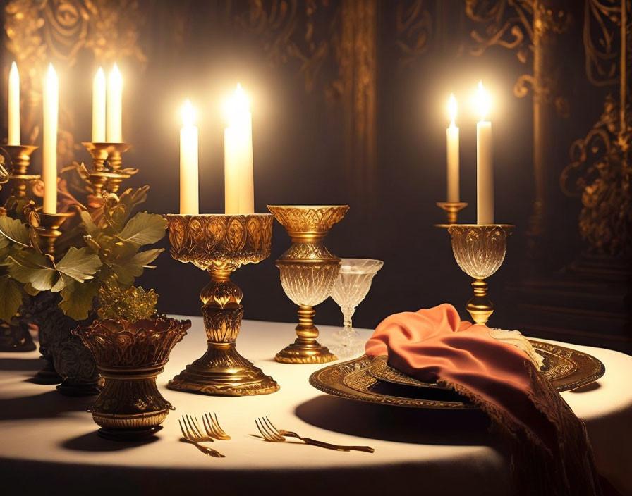 Luxurious Table Setting with Candles, Gold-Rimmed Goblets, Ornate Cutl