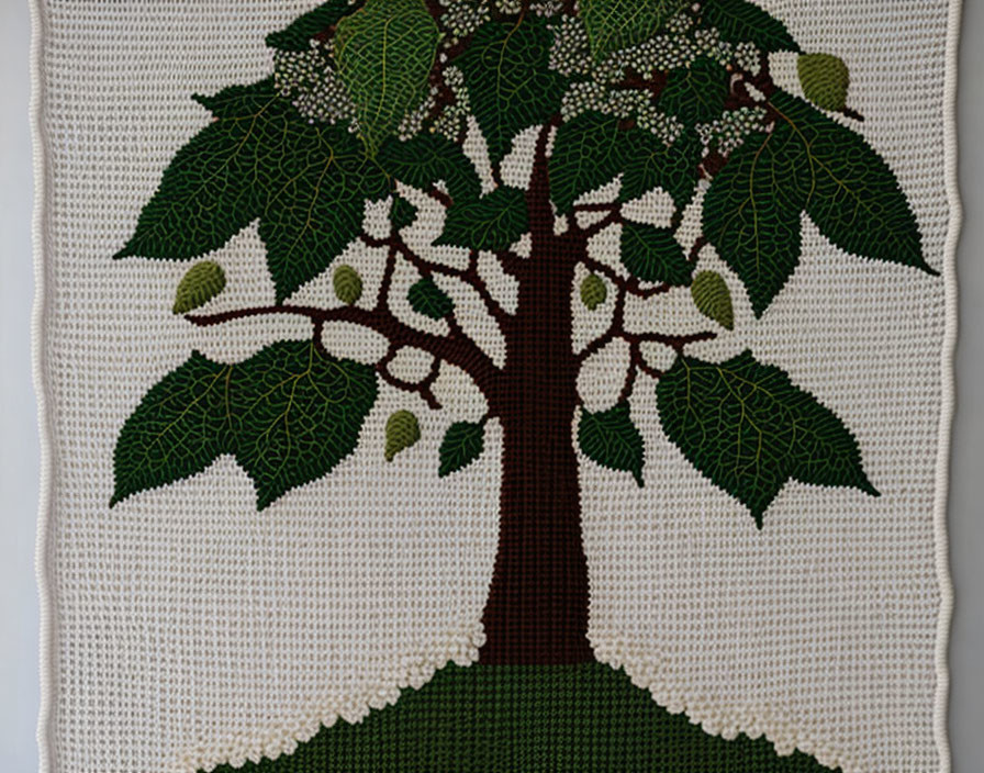 Detailed Crochet Wall Art of Green Tree on Off-White Background