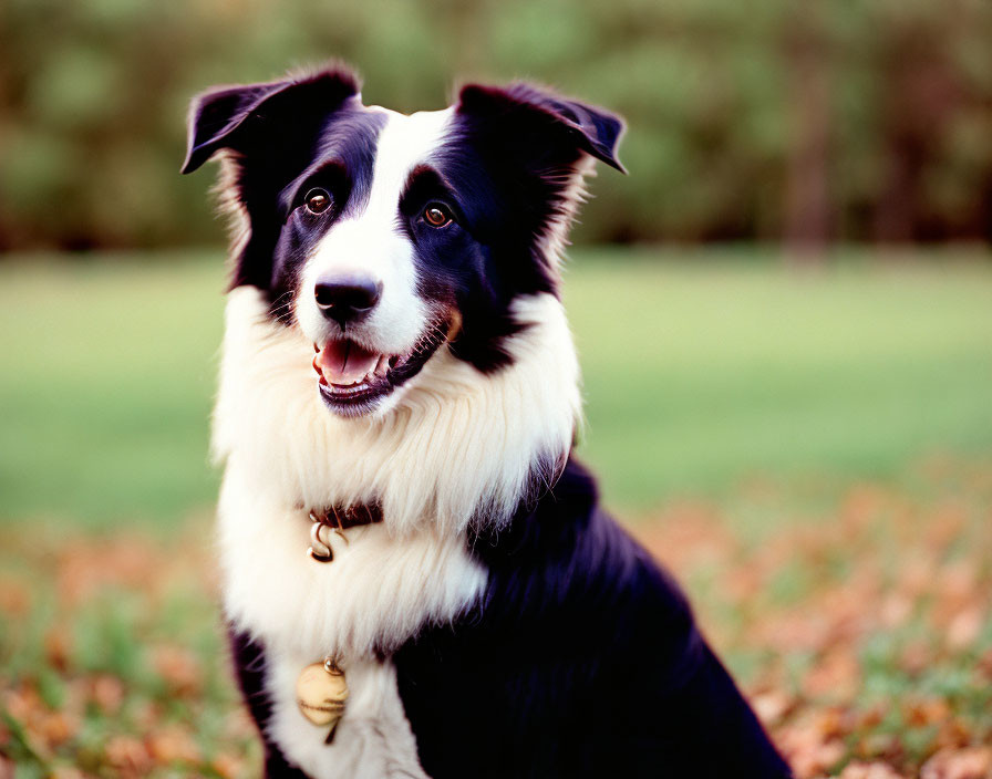 Black and white Border Collie with bright expression in autumn field