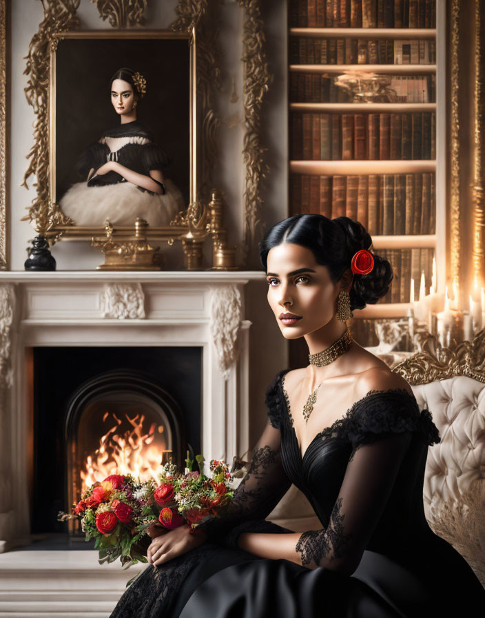 Woman in black dress with red flower near fireplace holding bouquet