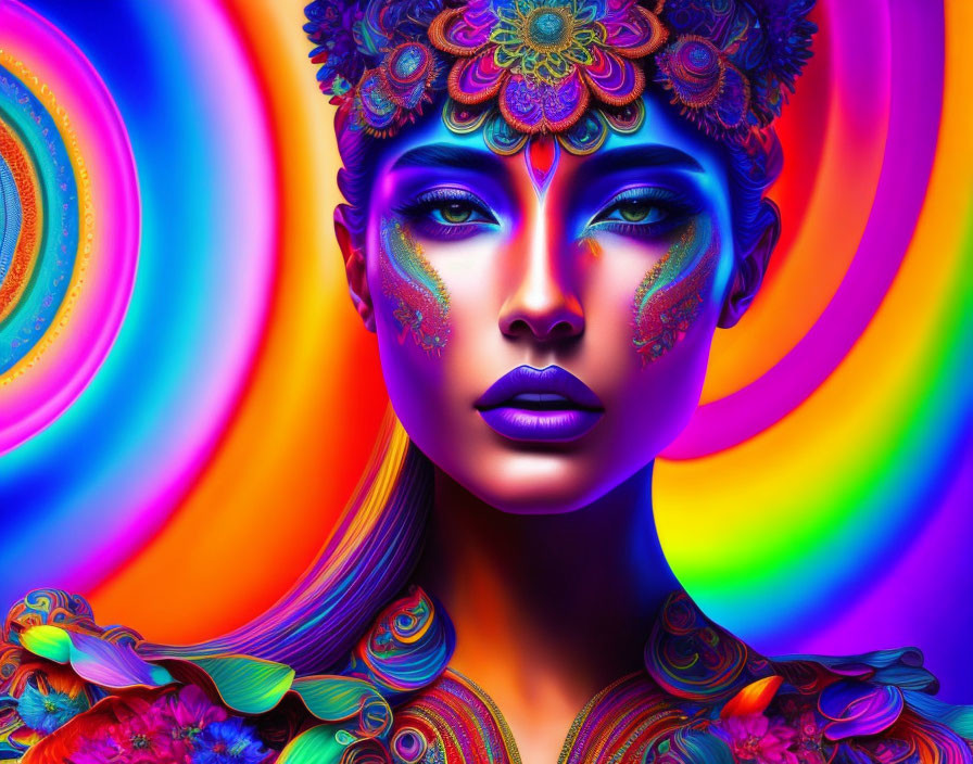 Colorful digital artwork of a woman in vibrant makeup and attire on swirling background