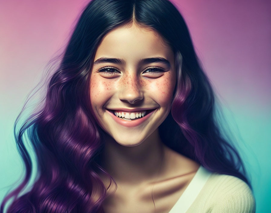 Smiling girl with wavy purple hair and freckles