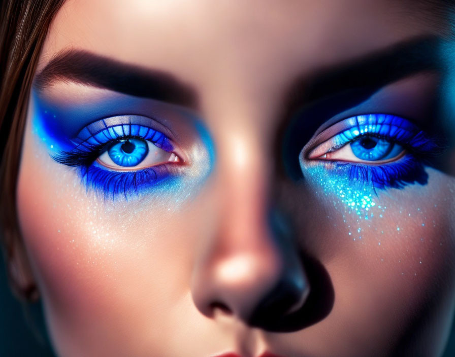 Detailed Close-Up of Vibrant Blue Eyeshadow and Sparkling Eye Details