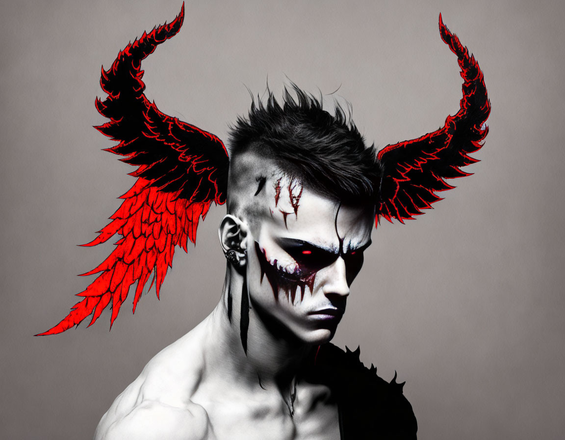 Dark Makeup Demon with Red Wings and Horns on Grey Background