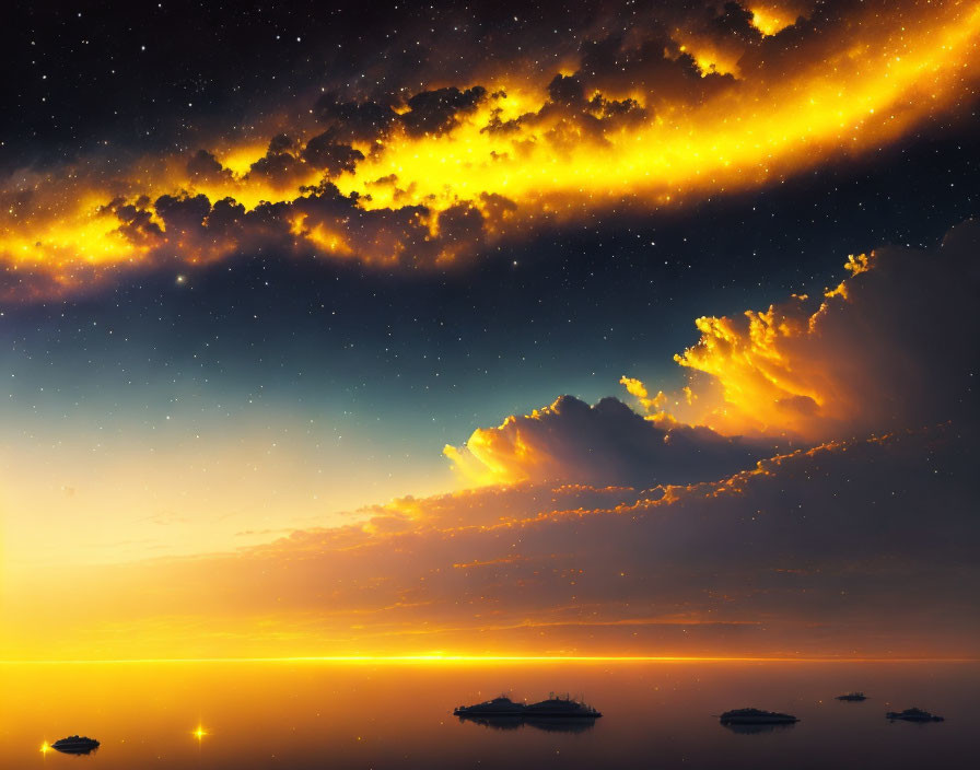 Scenic sunrise with fiery clouds, calm ocean, stars, and silhouetted islands