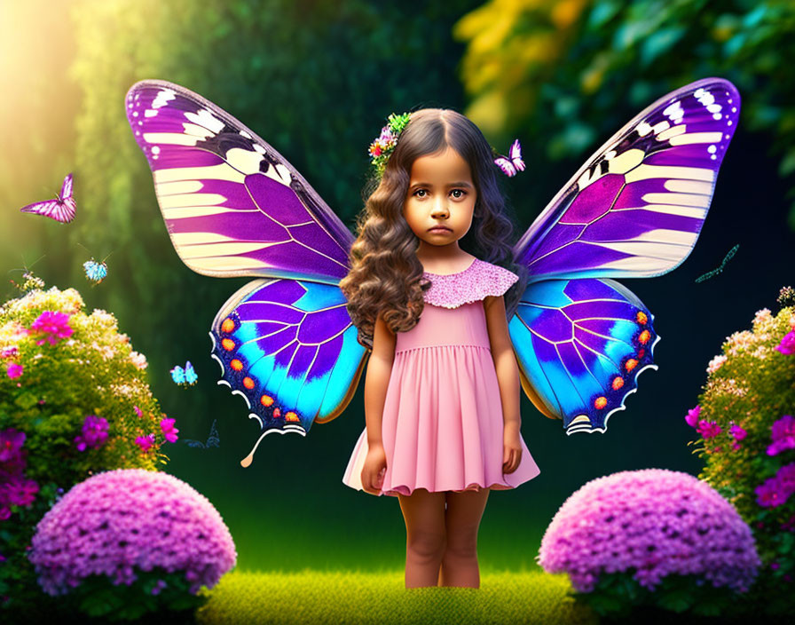 Colorful Butterfly Wings on Young Girl in Vibrant Garden