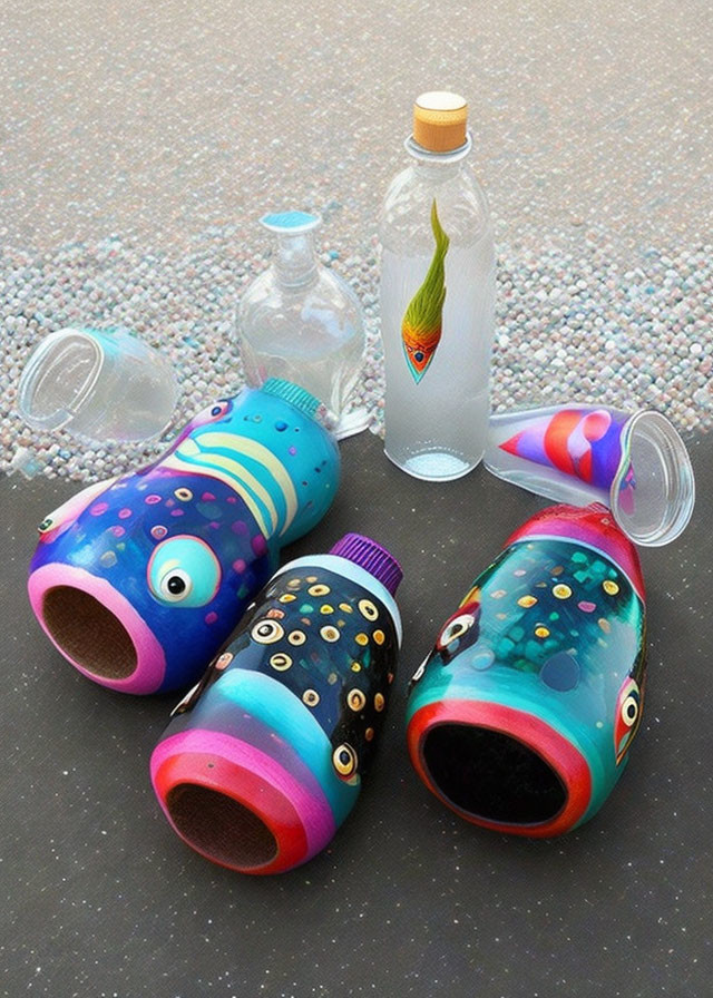 Vibrantly painted bottles with unique designs on textured surface