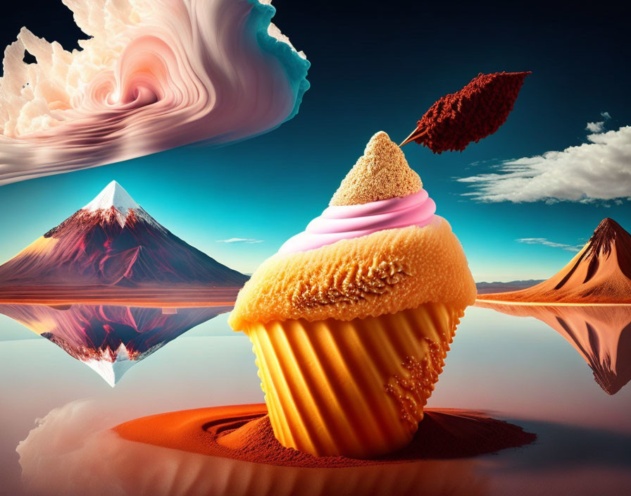 Surreal landscape with giant cupcake, mirrored mountains, swirling sky, and floating leaf