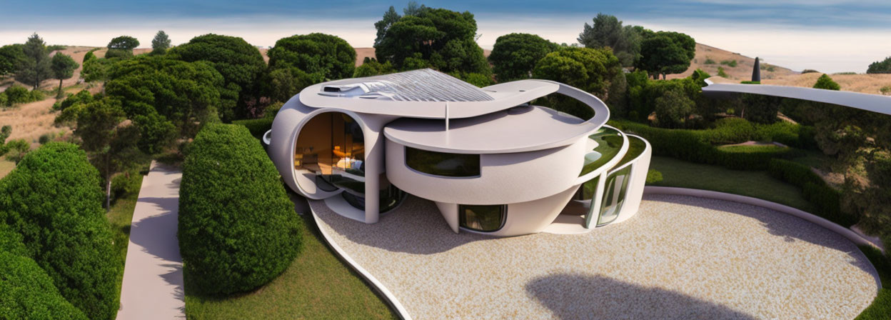 Modern white curved house with glass windows & undulating roof in landscaped setting