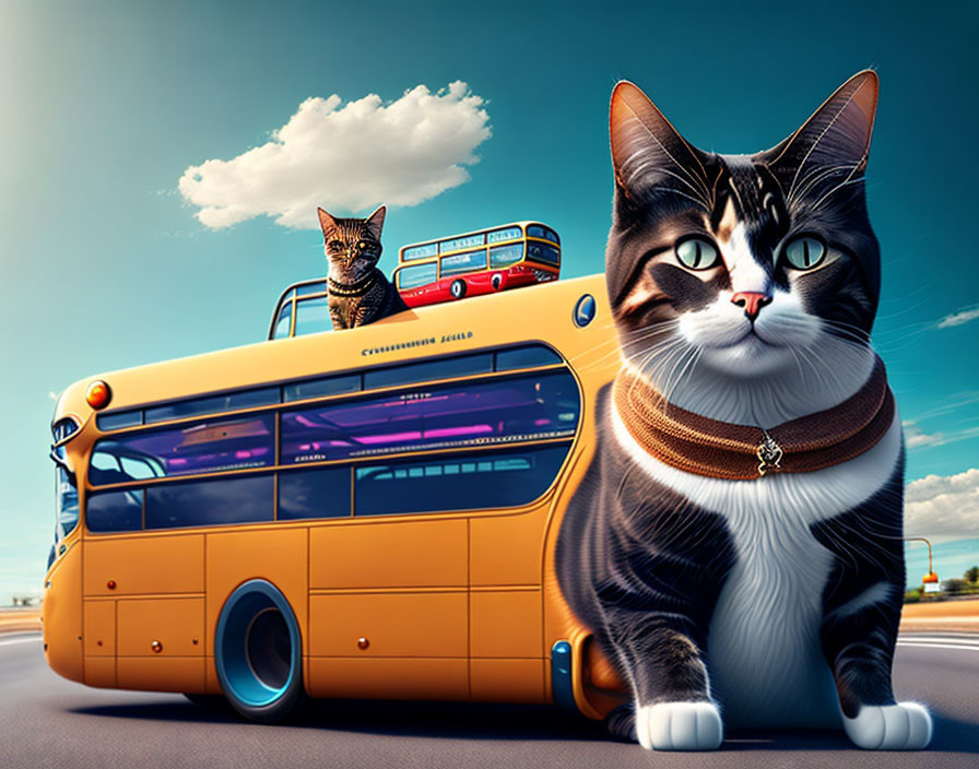 Giant Cats and Small Cat on Yellow Bus in Surreal Scene