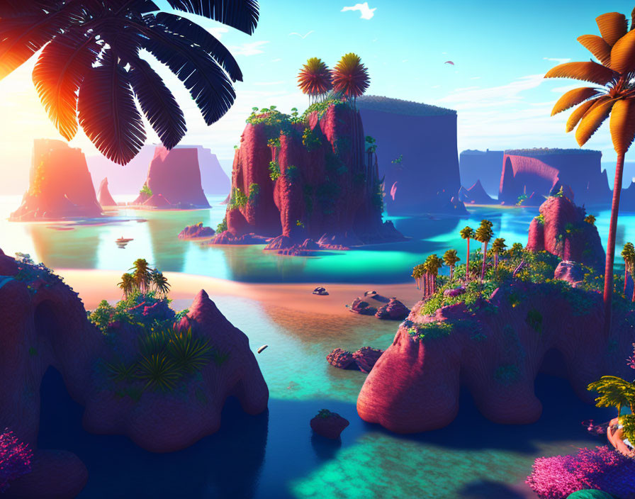 Vivid Tropical Landscape with Colorful Skies and Turquoise Waters