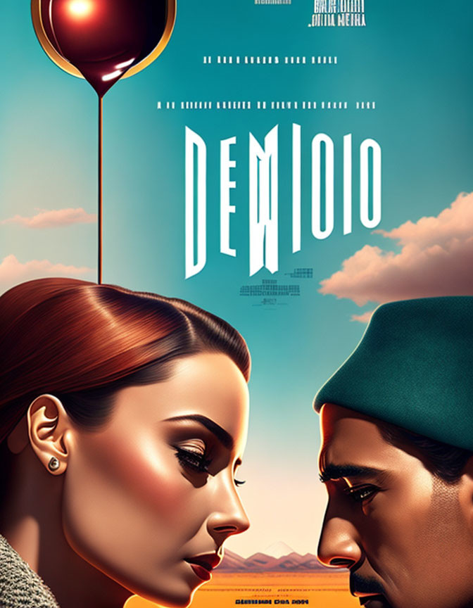 Man and woman on movie poster with red balloon against sunset sky