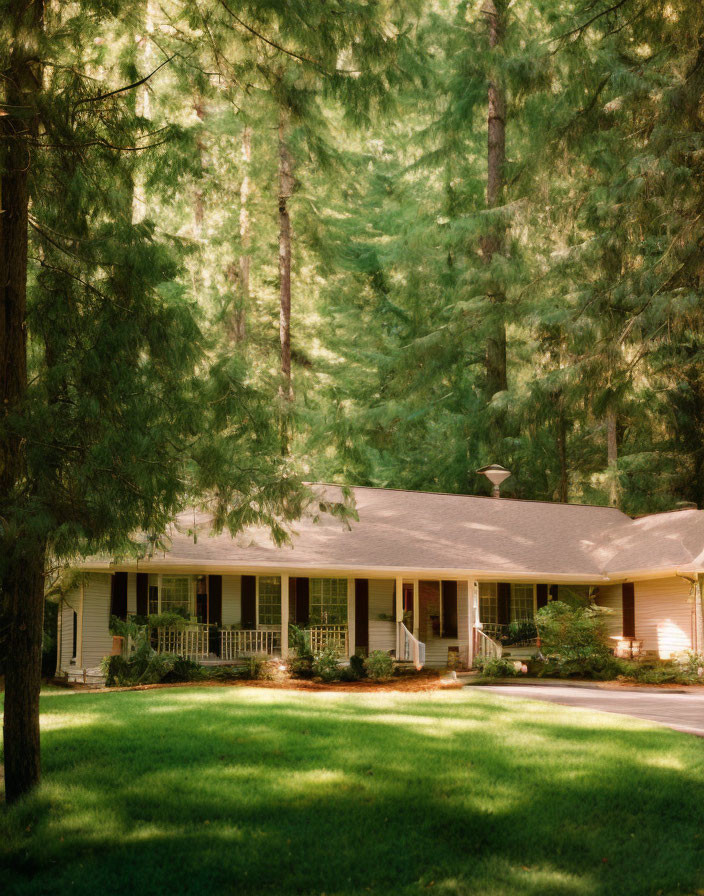 White porch single-story house in serene forest with green trees