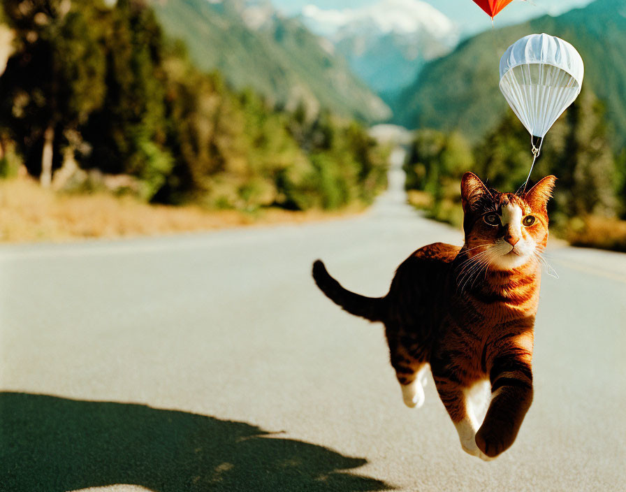 Cat wearing parachute leaps on scenic road with mountains.