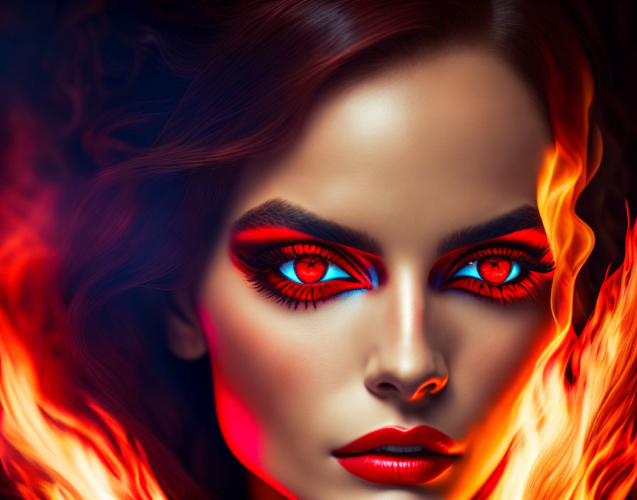 Digital artwork: Woman with vibrant blue eyes and red makeup in fiery orange flames