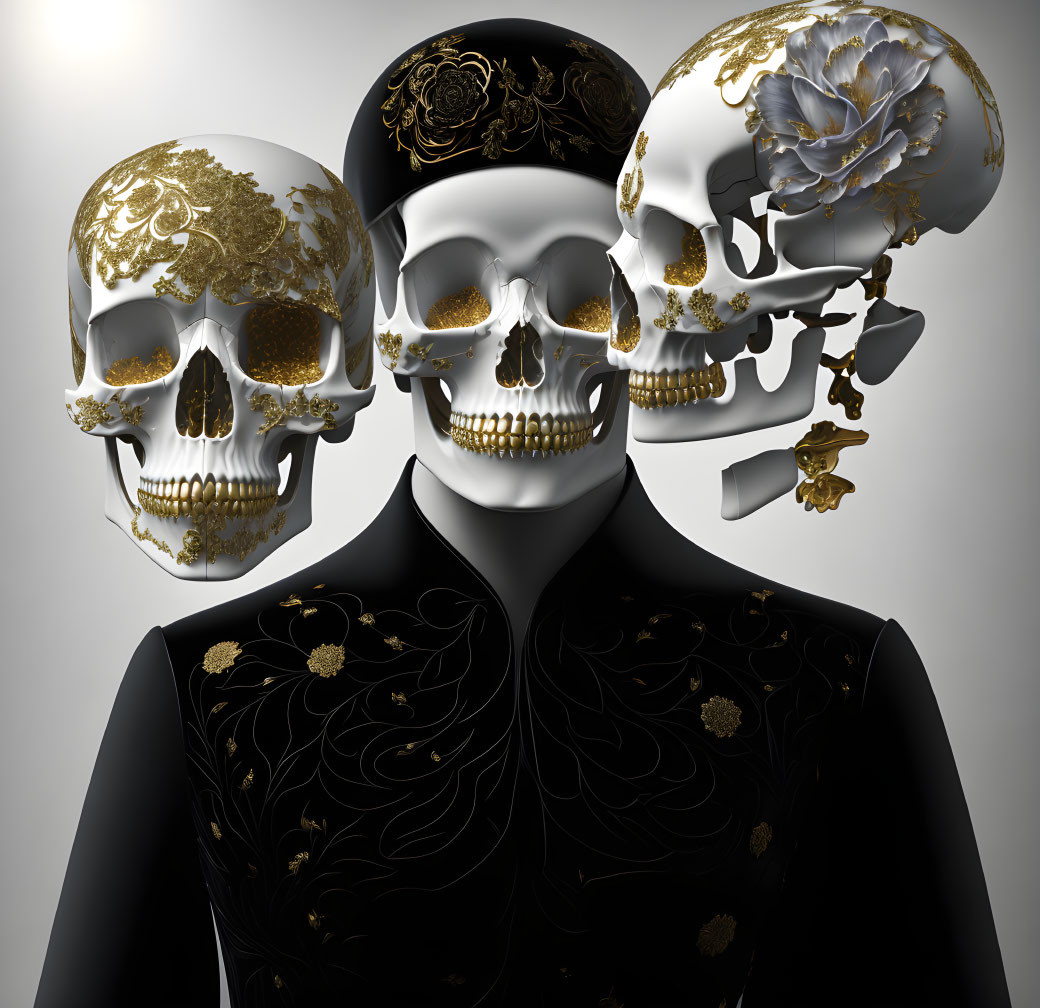 Decorated skulls with floral and gold patterns and suit jacket motif.