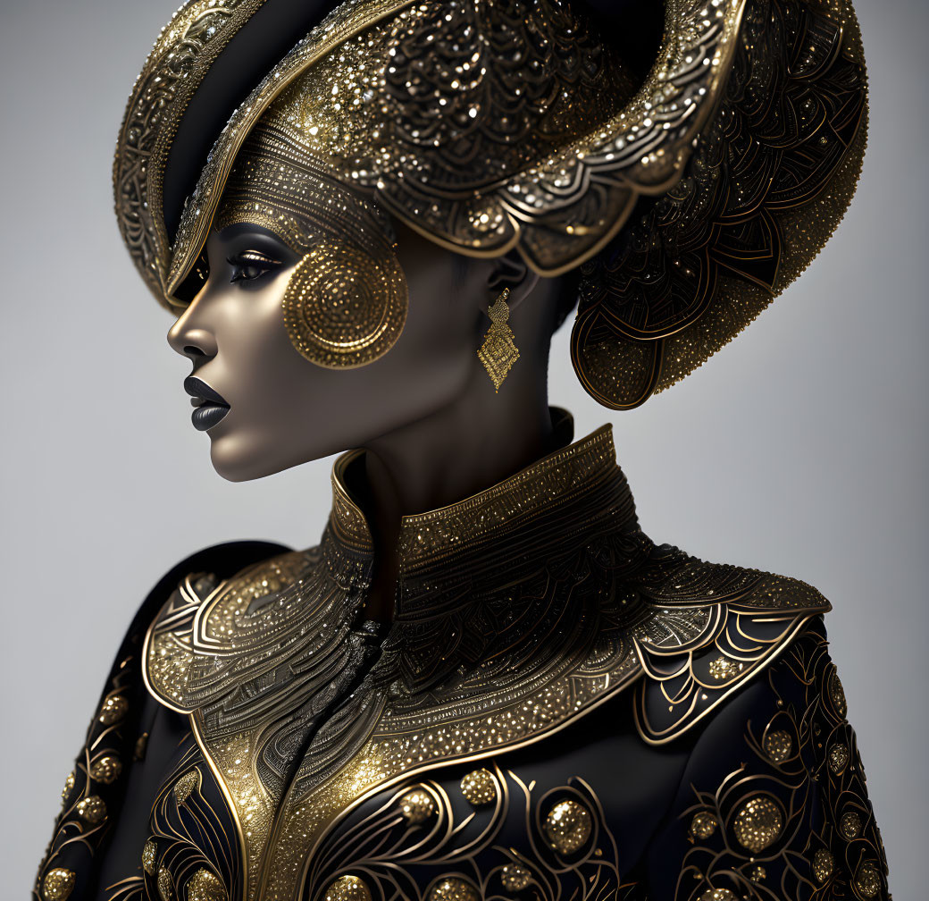 Stylized female figure with ornate gold headgear and attire