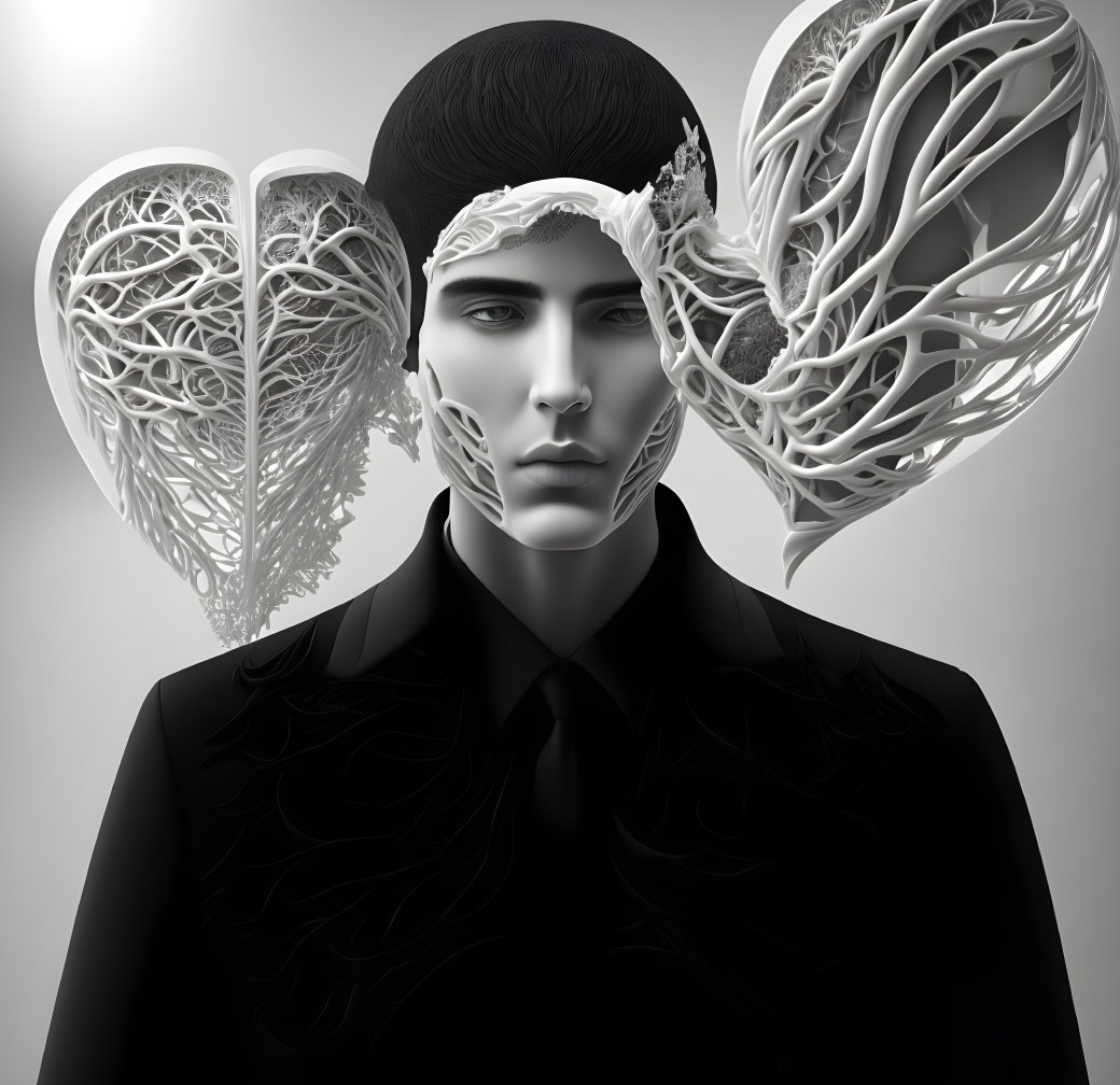 Monochromatic image of person with neural network-inspired wings on head