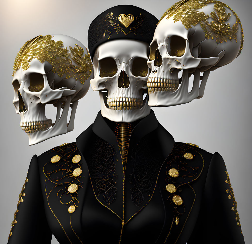 Golden Heart Motif Skulls with Dark-Jacketed Figure