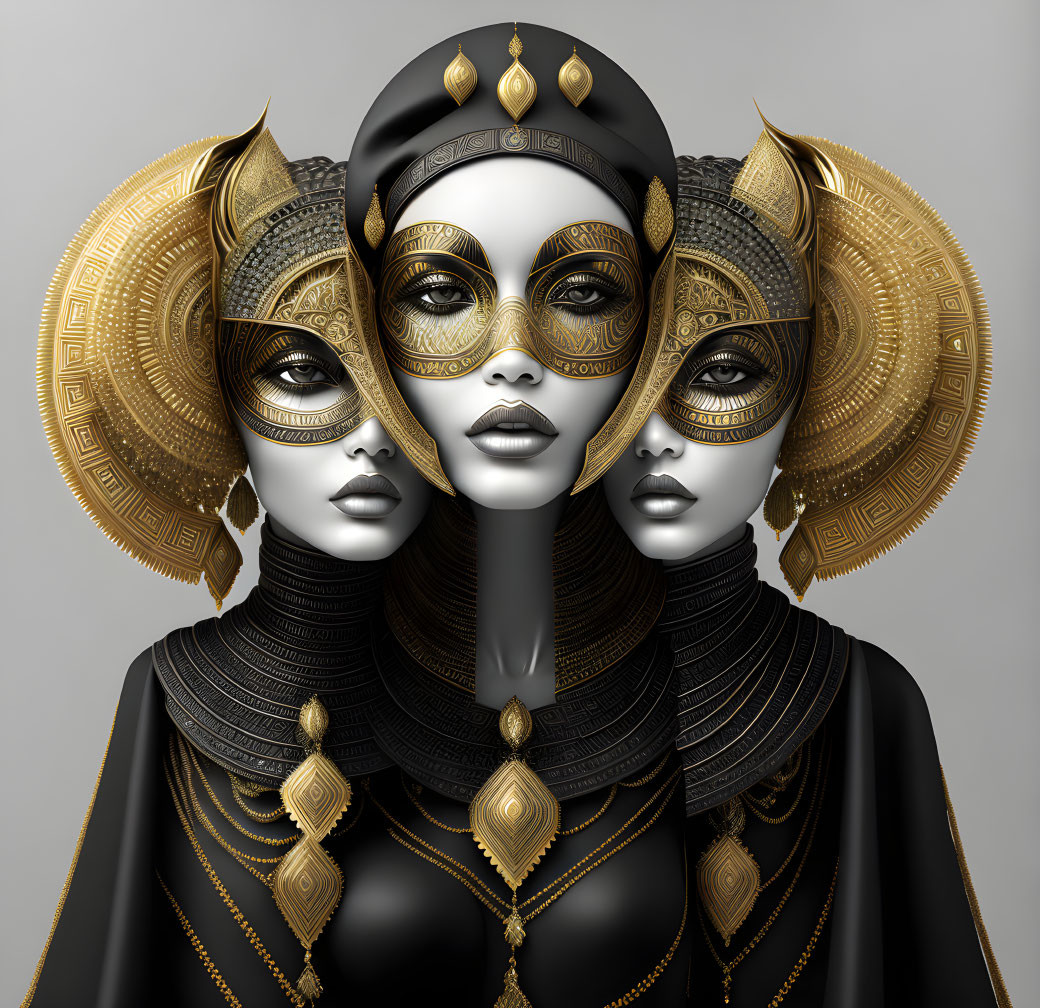 Ornate golden masks on three figures against grey background