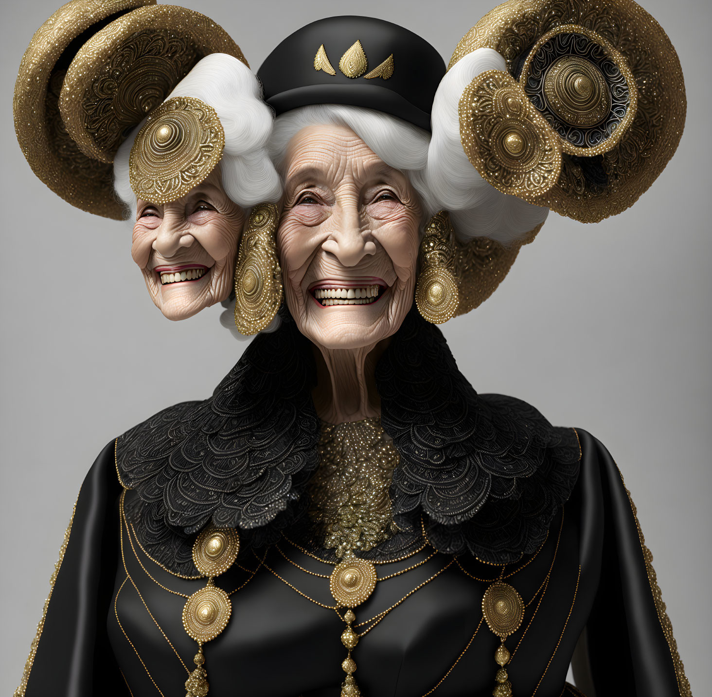 Elderly women in ornate gold and black headpieces and regal clothing