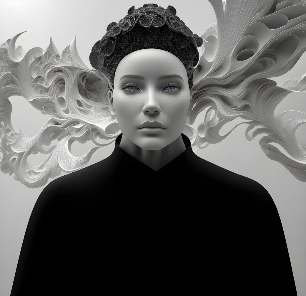 Monochromatic digital art of woman with intricate headpiece and swirling patterns