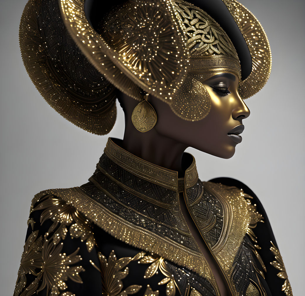 Digital Art Portrait of Woman in Profile with Ornate Gold-Patterned Attire