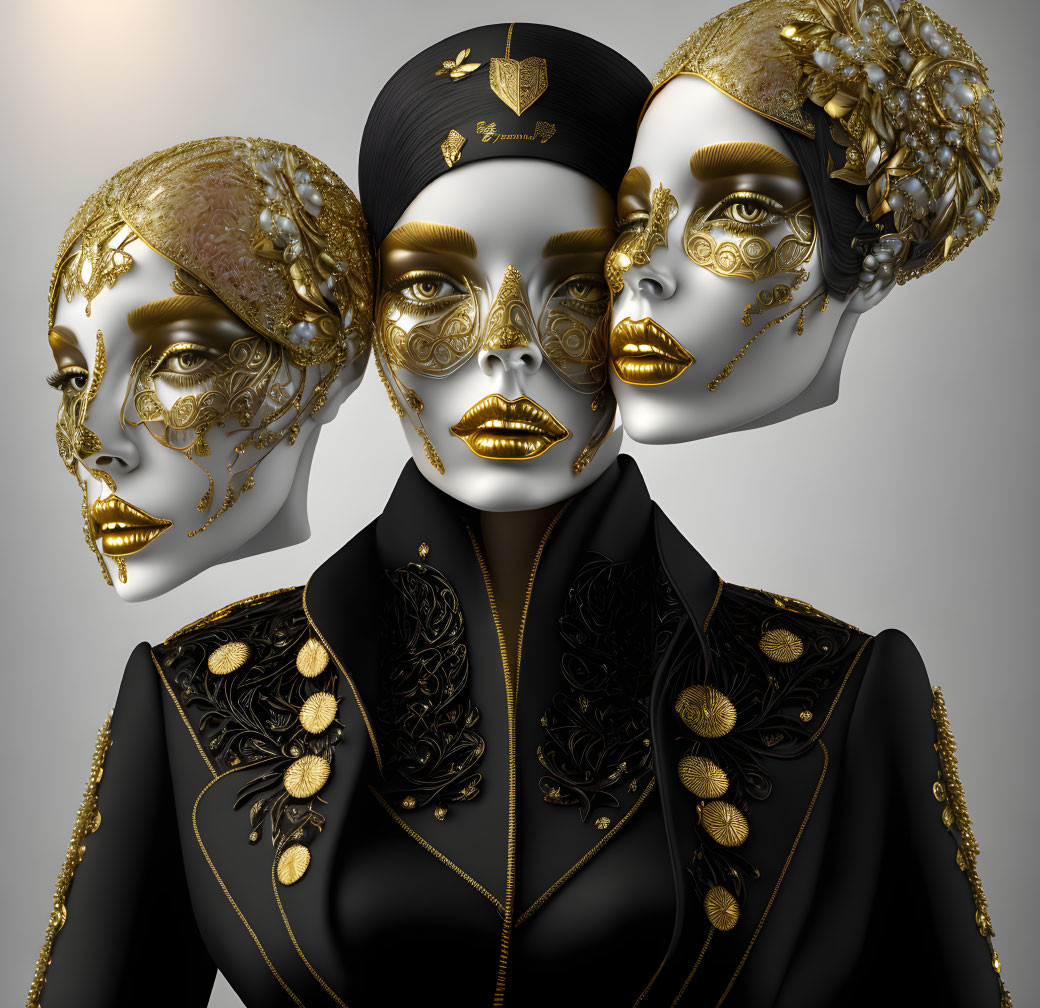 Stylized female figures with golden masks and black uniforms