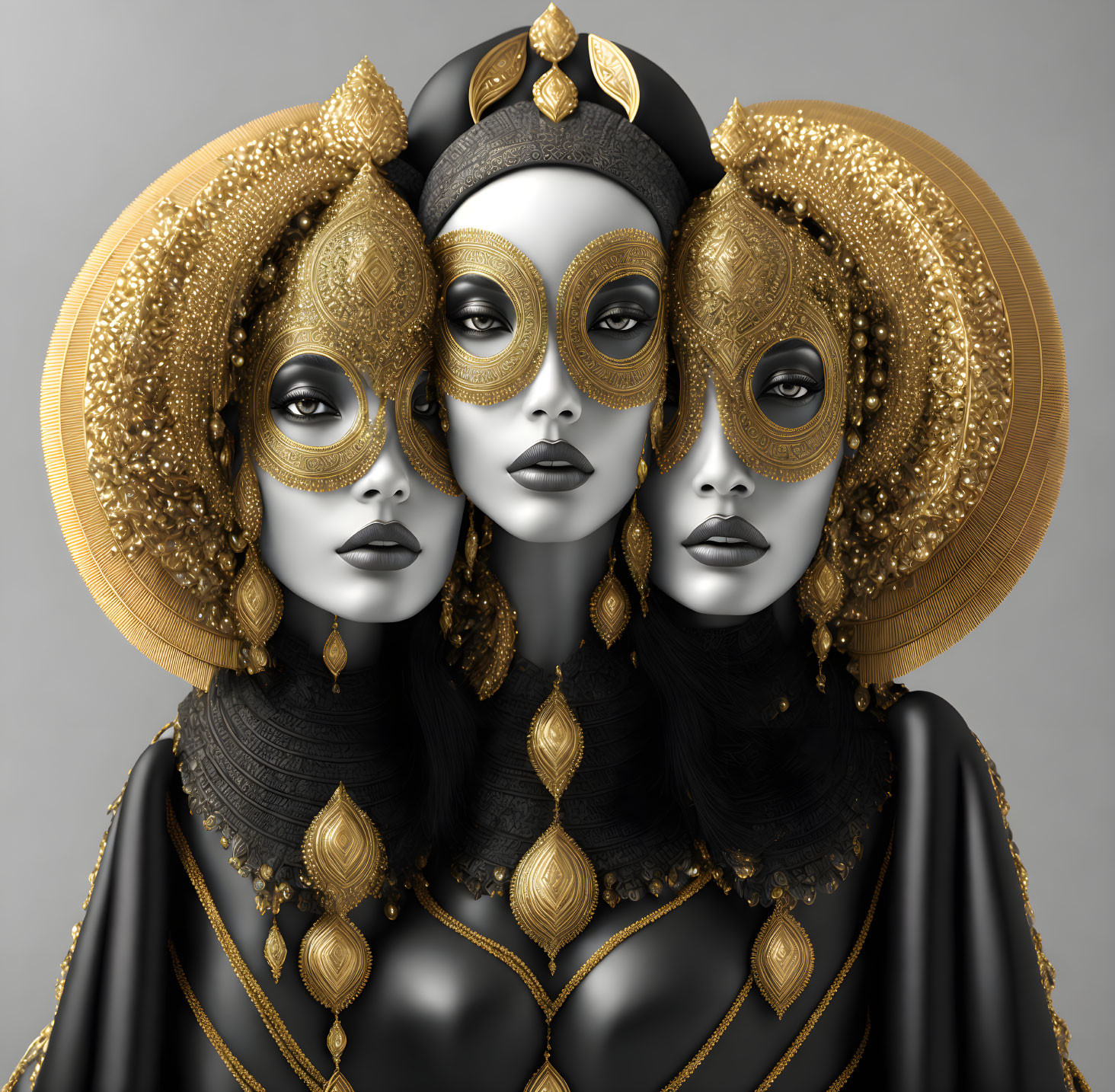 Three identical figures in ornate golden masks and headpieces, cloaked in black with gold accents