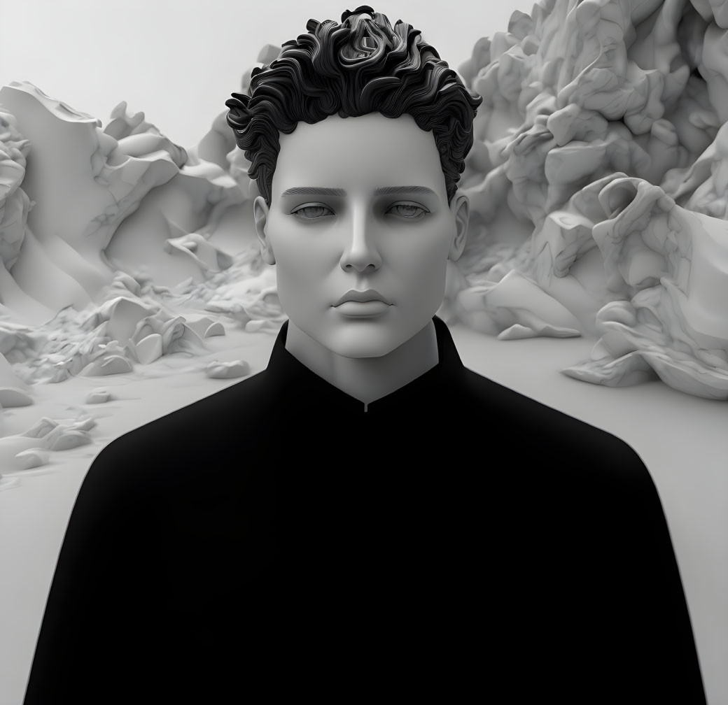 Monochromatic 3D artwork of a person with stylized hair and high-collared outfit