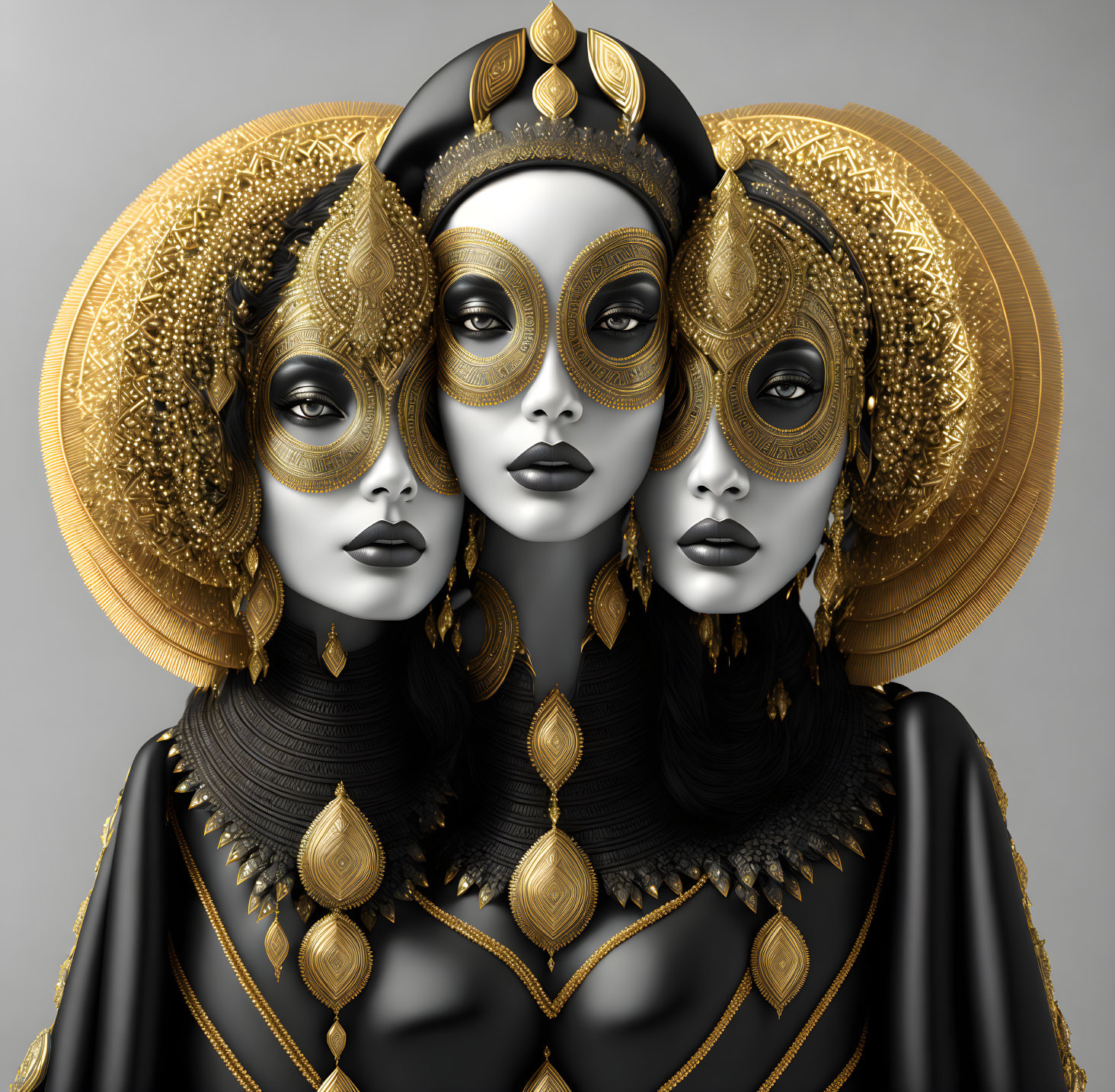 Ornate gold and black masquerade masks on three figures in elaborate attire