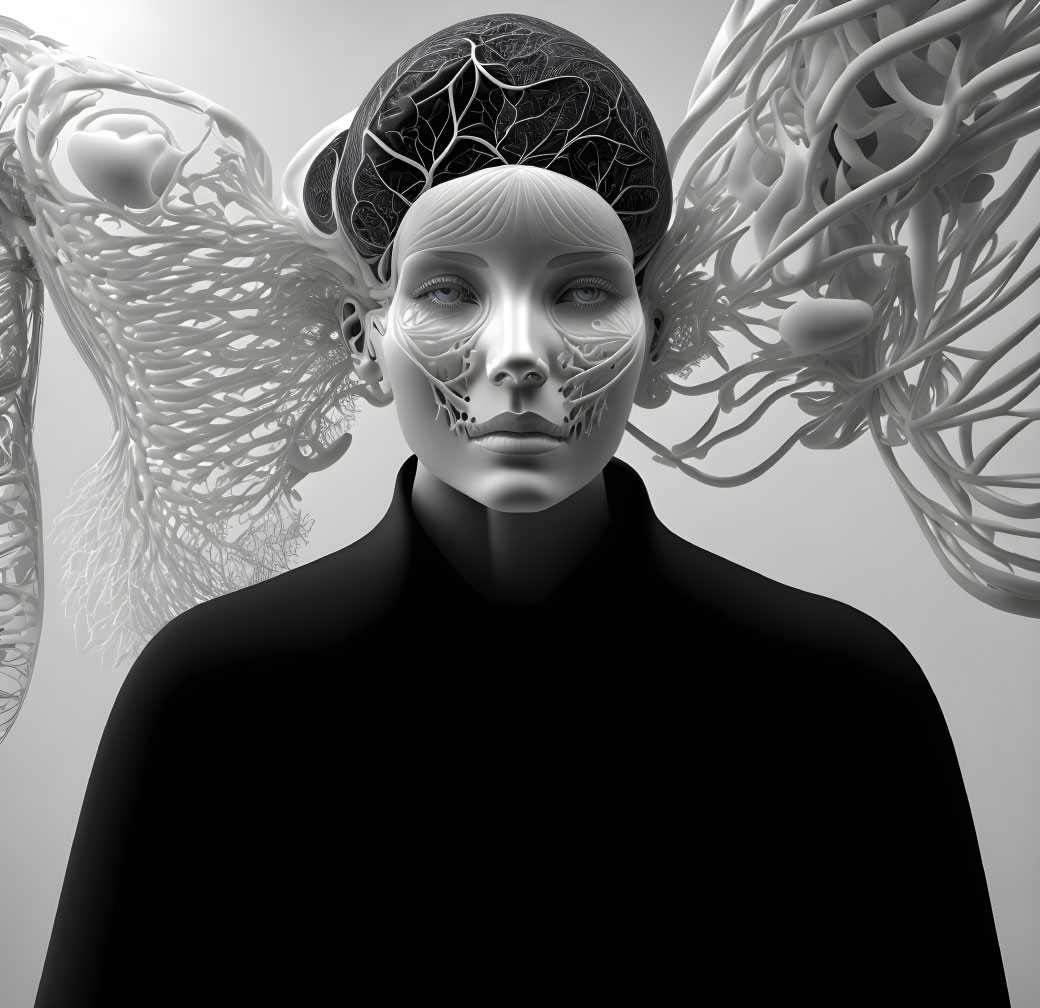 Monochromatic 3D humanoid figure with tree-like structures on gray background