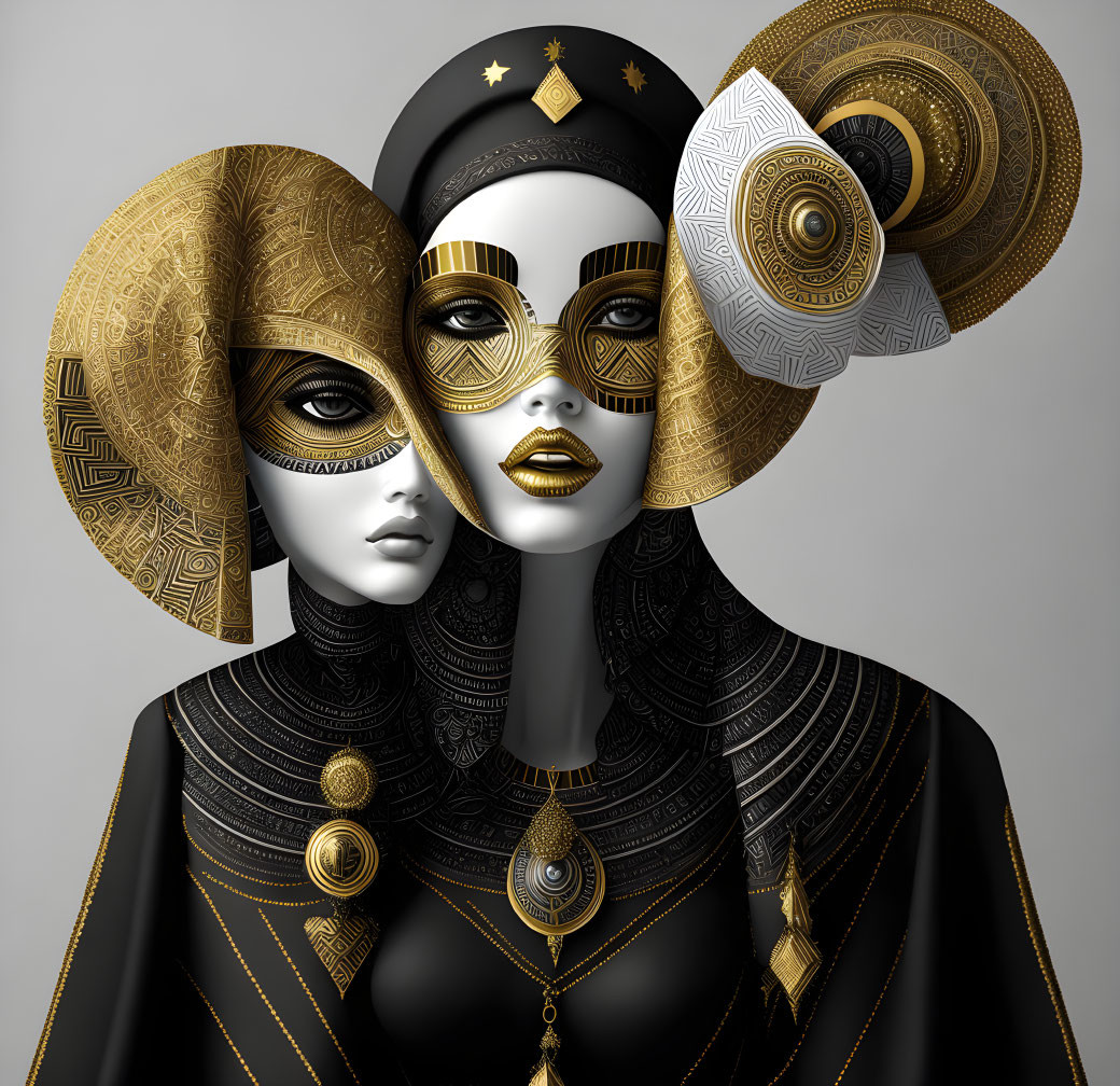 Stylized figures with golden masks and spiral headdresses on neutral background