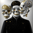 Golden Heart Motif Skulls with Dark-Jacketed Figure